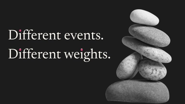 A stack of stones of different sizes, with the line: Different events. Different weights.