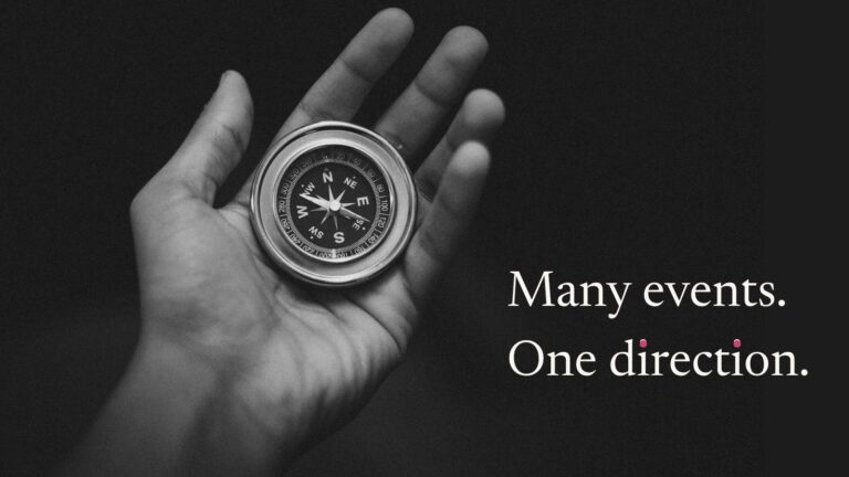 A hand holding an open compass, with the line: Many events. One direction.