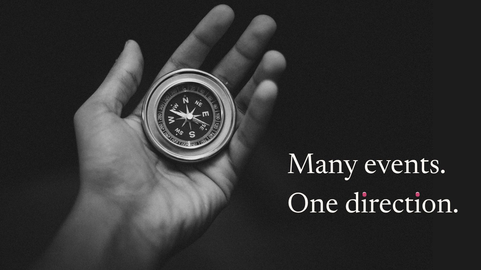 A hand holding an open compass, with the line: Many events. One direction.